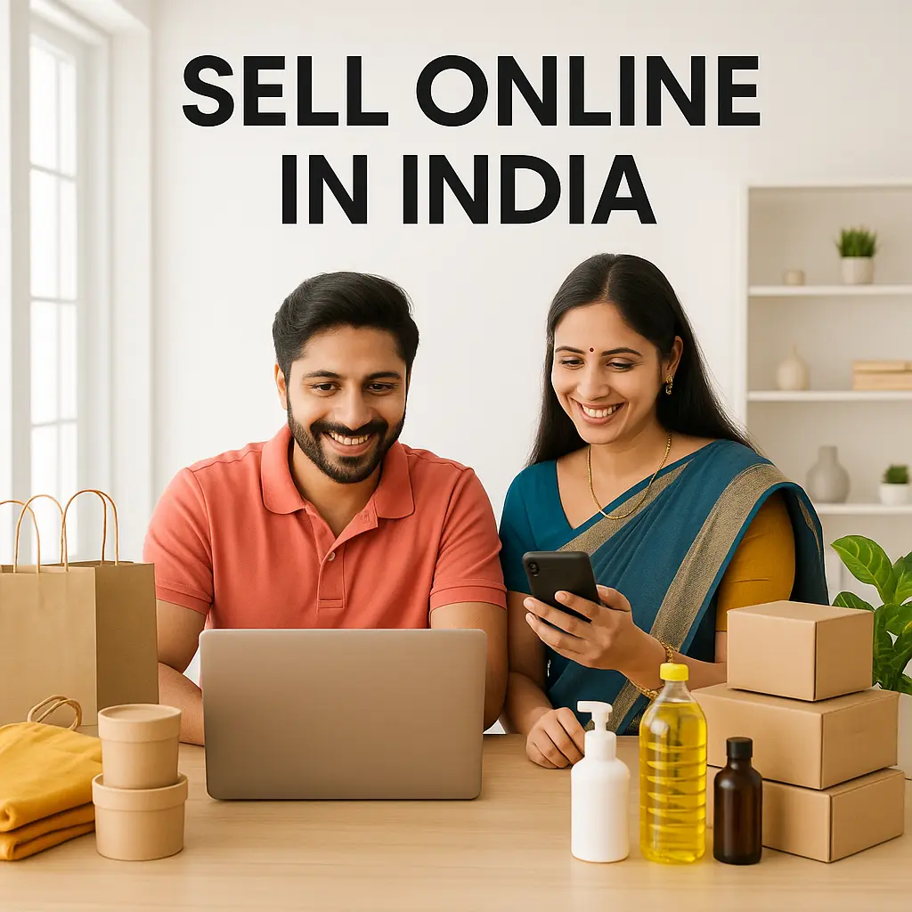 Two Indian sellers working from home using a laptop and mobile to sell online in India